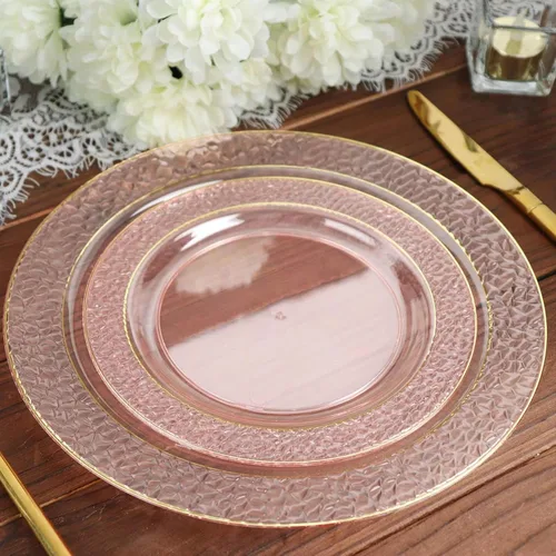 Vista 6 de Efavormart - Paquete de 10 platos de postre de plástico martillado de oro rosa rubor de 7.5 pulgadas con borde dorado, platos redondos desechables