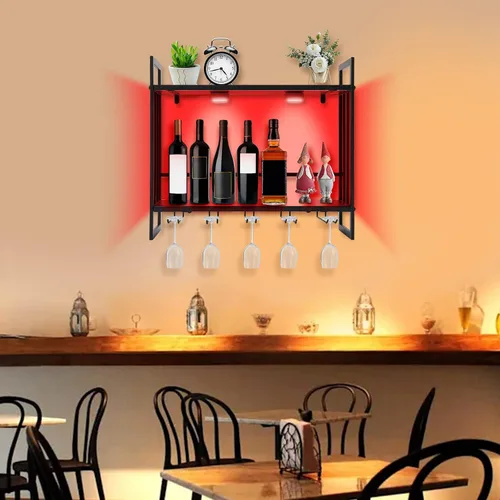 Vista 9 de Estante de vino LED montado en la pared, estante para botellas de vino, soporte de metal para colgar vino con 5 soportes de vidrio para almacenar