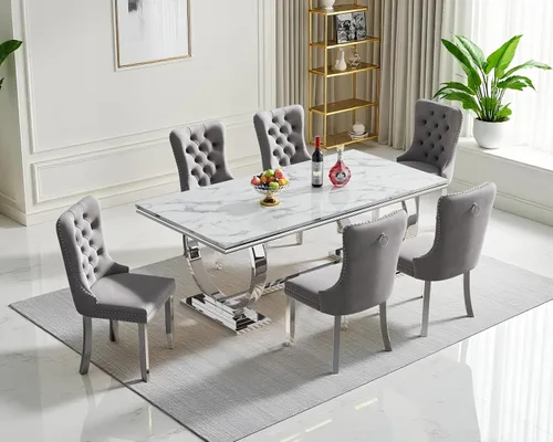 Vista 38 de Juego de mesa de comedor de mármol para 4, mesa de cocina rectangular de mármol blanco de 70 pulgadas con base en O de acero inoxidable dorado