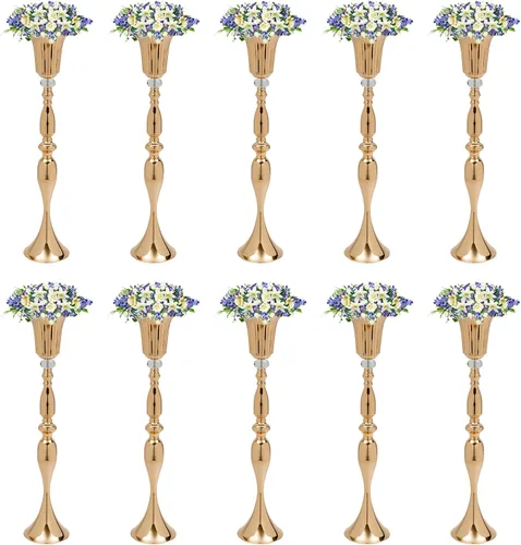 Vista 29 de Juego de 10 portavelas de metal dorado de 10.2 pulgadas de alto, florero, arreglo floral, candelabro, candelabro, portavelas para bodas, fiestas