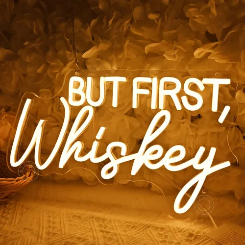 Vista 4 de SYLHOME Letrero de luz LED de neón "But First Whiskey", para el hogar, bar, dormitorio, pub, letrero de pared, decoración de boda, cumpleaños