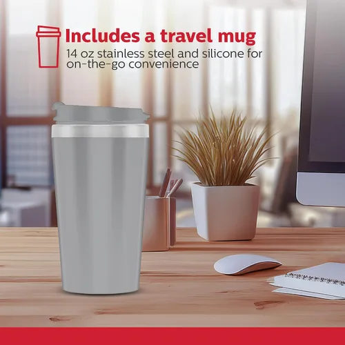 Vista 2 de Holstein Housewares Cafetera personal con taza de viaje de 14 onzas, máquina compacta de un solo toque con filtro reutilizable, apagado automático