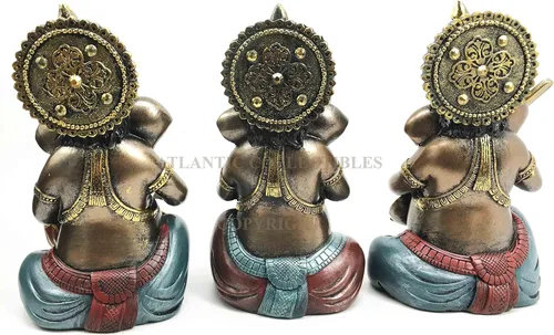 Vista 2 de Juego de tres figuras de celebración de la vida Lord Ganesha tocando instrumentos musicales hindú elefante dios deidad figurita iluminación oriental