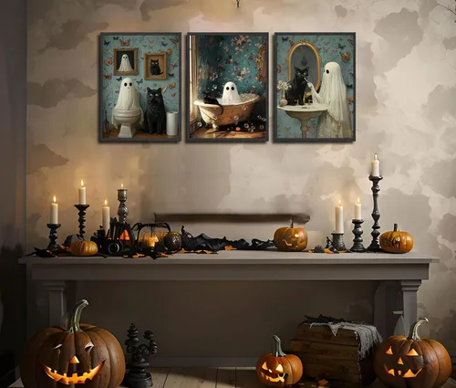 Vista 3 de NBYARTQ Pósteres de Fantasmas de Halloween Arte de Pared Juego de 3 Impresiones de Terror Espeluznante Academia Oscura Fantasma y Gato Negro
