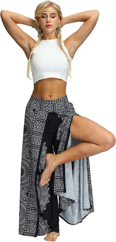 Vista 3 de PNKJ Pantalones de pierna ancha con abertura para mujer estilo casual hippie bohemio pilates playa pantalones de yoga holgados