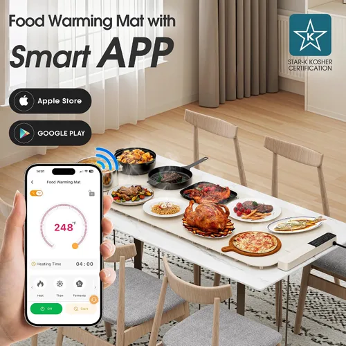 Vista 2 de Vabaso Tapete de calentamiento de alimentos extra grande con aplicación, ajuste de temperatura y temporizador de 37 x 15 pulgadas, se calienta en 5