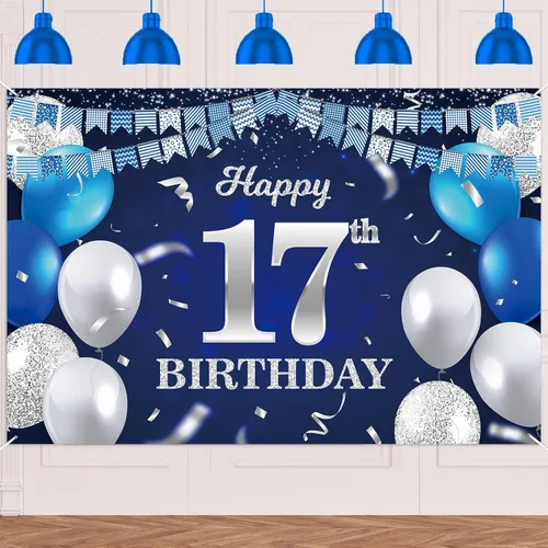 Vista 41 de Bandera de feliz primer cumpleaños con fondo azul marino, globos, confeti, bandera de rayas, luces de puntos, felicitaciones por el tema de 1 año