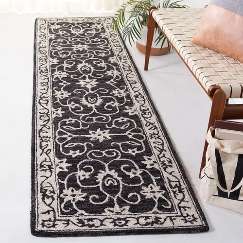 Vista 2 de SAFAVIEH Jardin Collection Alfombra de pasillo, 2 pies 3 pulgadas x 9 pies, negro y marfil, lana floral hecha a mano, ideal para zonas de alto