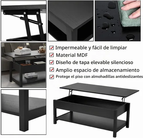 Vista 6 de Panana Mesa auxiliar elevable con compartimento oculto y estante abierto, mesa de té desplegable para sala de estar, 45.28 pulgadas de largo