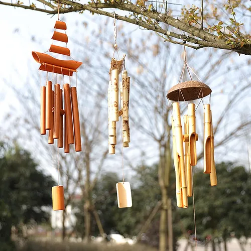Vista 5 de Campanillas de viento de bambú hechas a mano de 27 pulgadas para exteriores, campanillas de viento de madera, decoración del hogar para exteriores e