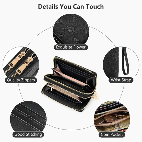 Vista 6 de Espera Cartera de mujer con bloqueo RFID de gran capacidad, tarjetero con doble cremallera, de cuero, con cartera para mujer con correa