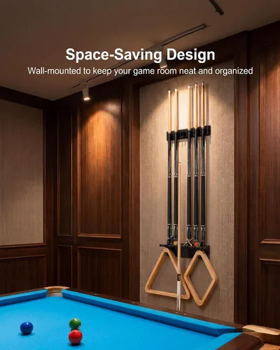 Vista 8 de EXTCCT - Soporte de pared para taco de billar, 6 tacos, color negro Solid Oak Hardwood Pool Cue Set Holder For Sticks Storage. Essential Pool