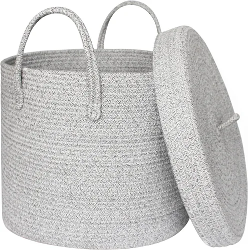 Vista 9 de Cesta grande de 15 x 13 pulgadas con tapa, cesta de almacenamiento de cuerda de algodón para manta, juguete, almohada, toalla, lavandería, sala