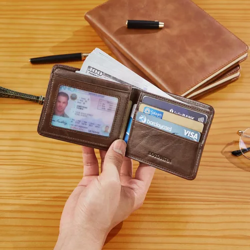 Vista 6 de BOSTANTEN Billeteras de piel auténtica para hombre, con bloqueo RFID y 2 ventanas de identificación