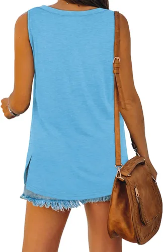Vista 4 de WEESO Camisetas sin mangas de verano con cuello en V para mujer, con botones, ajuste holgado