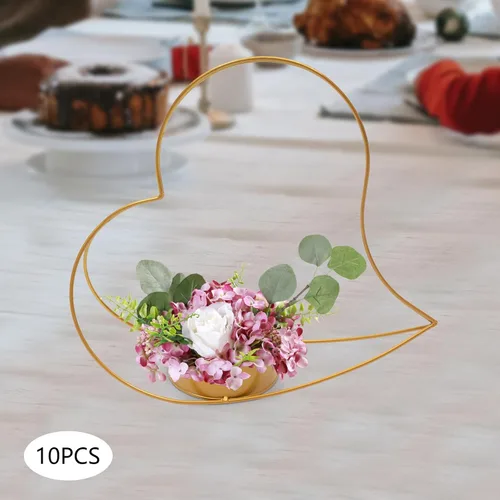 Vista 2 de 10 piezas de jarrones dorados centros de mesa de boda de metal geométrico melocotón corazón cestas para hogares, restaurantes, terrazas, cafeterías