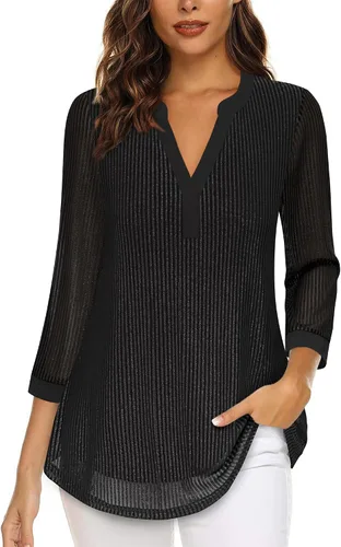 Vista 13 de Timeson - Blusas de manga de 3/4 para mujer, estilo casual, con cuello en V, camisas largas de vestir de doble capa, de malla Negro
