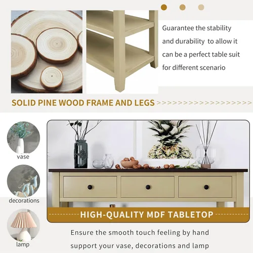 Vista 4 de Knocbel Rustic Entryway Console Table with 3 Storage Drawers and Open Shelves, Entry Hallway Foyer Behind Sofa Couch Long Table, Easy Assembly (Tan)