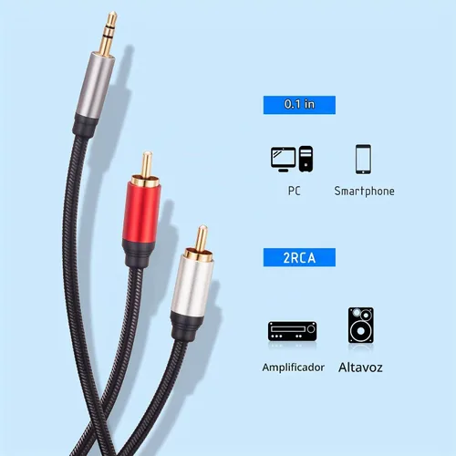 Vista 3 de Cable RCA de 3 pies, 0.138 in macho a 2RCA macho, cable adaptador de audio estéreo de nailon trenzado, cable AUX RCA Y para teléfonos inteligentes