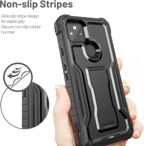 Vista 3 de FITO Funda para Google Pixel 5A, funda resistente a prueba de golpes de doble capa con protector de pantalla, soporte integrado (negro)