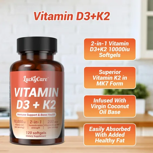 Vista 6 de Vitamina D3 K2 10000 UI Softgels 120 Coco, Apoyo a los Huesos Inmune 120 coconut oil softgels with K2 (MK-7) 200mcg. Supports calcium absorption