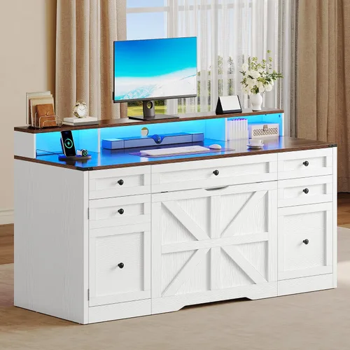 Vista 3 de YITAHOME Conjunto de Escritorio y Taburete para Computadora con 5 Cajones, Escritorio de Oficina con Tomas de Corriente y Luces LED, Escritorio