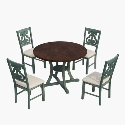 Vista 3 de Harper & Bright Designs Juego de mesa redonda de 5 piezas con estante, mesa de comedor familiar de madera