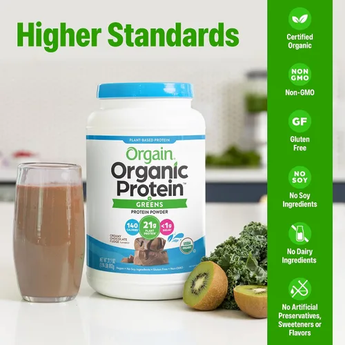 Vista 3 de Orgain - Proteína orgánica vegana en polvo + verduras, chocolate cremoso con sabor a budín de fresa - 21 g de proteína a base de plantas, sin