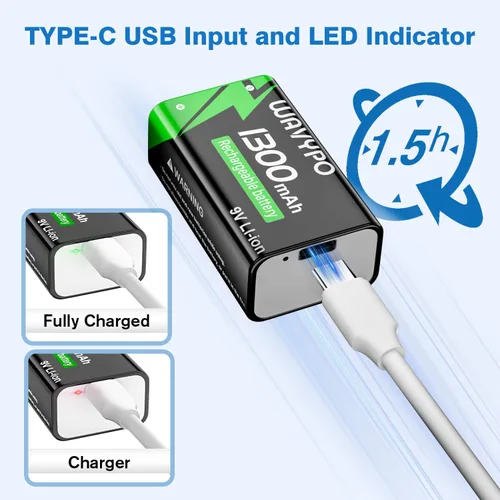Vista 2 de Paquete de 2 baterías recargables de 9 V de 1300 mAh, baterías de iones de litio de 9 voltios de larga duración con cable de carga rápida USB-C 2