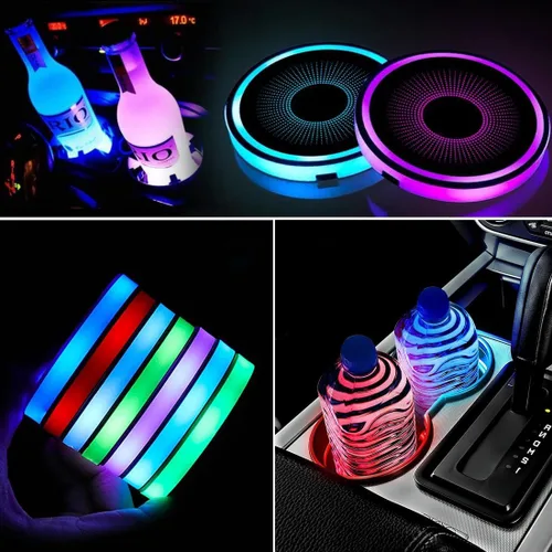 Vista 6 de 2 luces LED para portavasos de automóvil, carga USB, 7 colores, posavasos luminiscentes para automóvil
