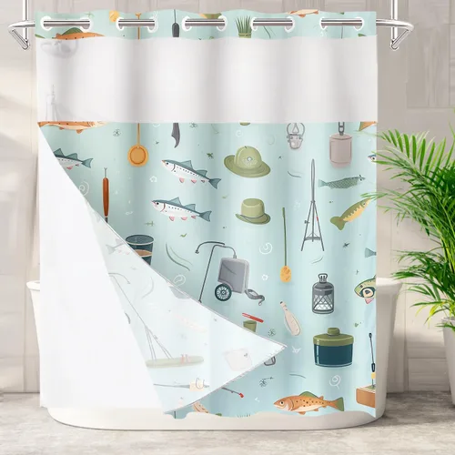 Vista 36 de Batmerry Maritime Nautical Hookless Shower Curtain with Snap in Liner Set, Anchors Ship Wheel Bath Curtain Magnetic Hem Quick-Drying Waterproof