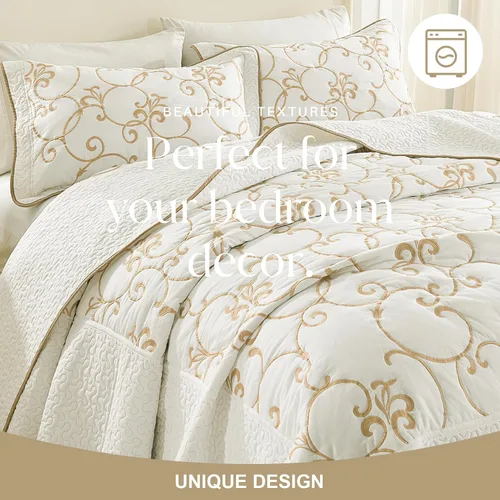 Vista 8 de Juego de cubrecama de gran tamaño de 100% algodón, 120"x102" extra grande para cama Queen, con fundas de almohada, ropa de cama bordada ligera de 3