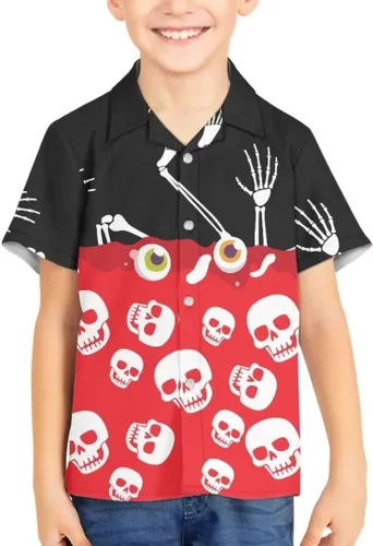 Vista 3 de Pinupub Camisas hawaianas unisex para niños, divertidas y lindas camisas de vestir de manga corta con botones para Halloween