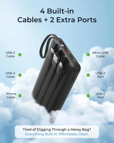 Vista 4 de VRURC Cargador portátil 4-Cables integrados 20000mAh Banco de energía de Negro