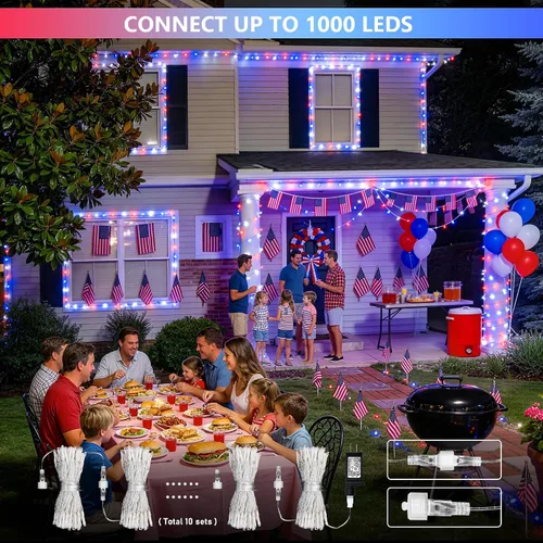 Vista 3 de JMEXSUSS - Paquete de 2, luces LED rojas, blancas y azules de 100, 10 metros, cadena de luces del 4 de julio para exteriores, 8 modos de luces