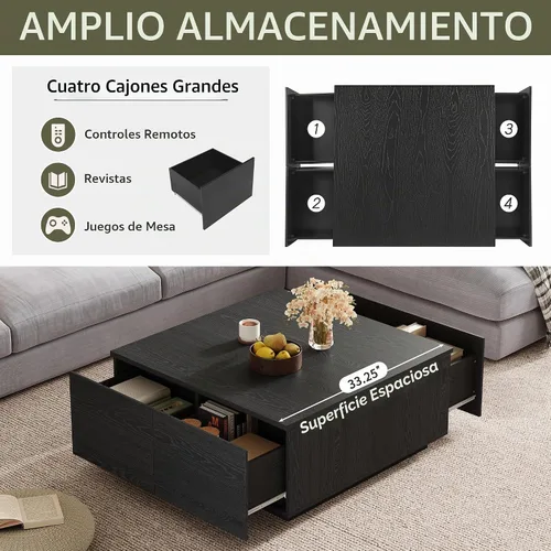 Vista 5 de SSLine Mesa de centro cuadrada con 4 cajones de almacenamiento, mesa de centro de madera negra de 33.2 pulgadas para sala de estar, mesas centrales
