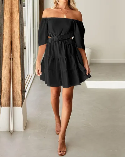 Vista 4 de BTFBM Vestidos de verano para mujer 2023, cuello cuadrado, manga corta, corte cruzado, cintura casual, fiesta, escalonado, mini vestido