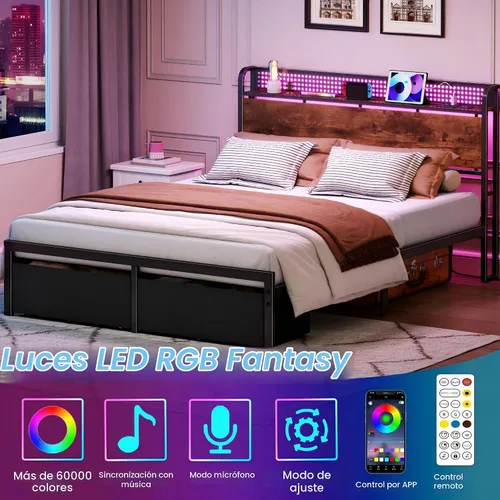 Vista 3 de Furnulem Base de cama de tamaño matrimonial con almacenamiento de cabecero, base de cama de plataforma tamaño matrimonial con 2 cajones, estación