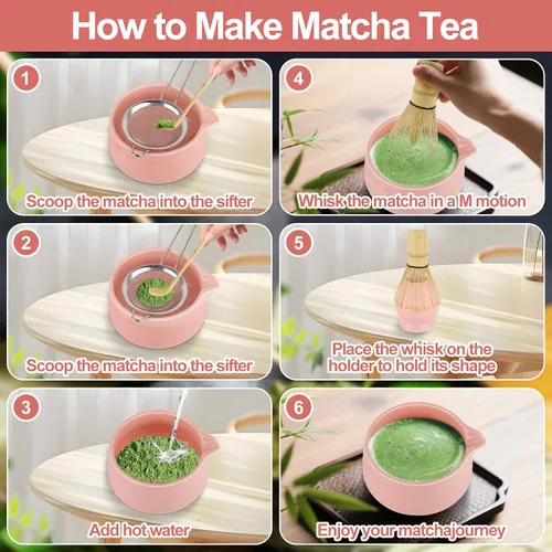 Vista 4 de [Usado] Juego de té Matcha de 7 piezas – Kit completo japonés Matcha con cuenco de cerámica, batidor y soporte de bambú, cuchara y reposo, tamiz