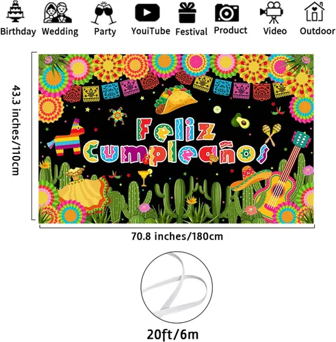 Vista 3 de Avezano Feliz Cumpleaños Fondo de Fiesta Mexicana Fiesta Fotografía Fondo Fiesta Cactus México Cinco De Mayo Carnaval Banner 70.8 x 43.3 pulgadas