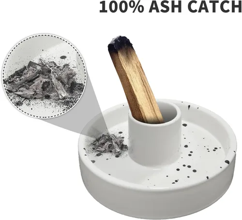Vista 2 de Gute Soporte de cerámica de Palo Santo, hecho a mano, colector de cenizas moteadas blancas, quemador de incienso para palitos de palo santo, salvia