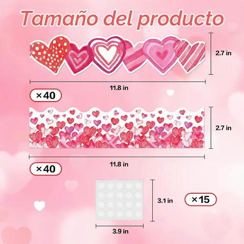 Vista 3 de Decoración de tablón de anuncios para el día de San Valentín, 78.7 pies, bordes de corazón de acuarela troquelados, decoración de aula, corazón