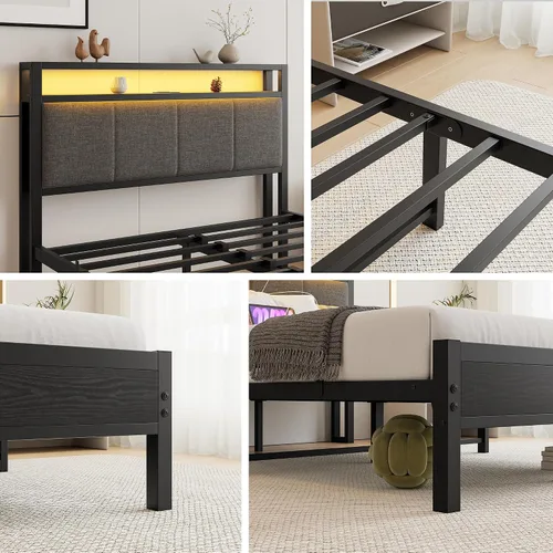 Vista 8 de Base de cama de tamaño matrimonial con estantes de almacenamiento, cabecera tapizada, color gris LED Lights Charging Station,Heavy Duty Metal Bed