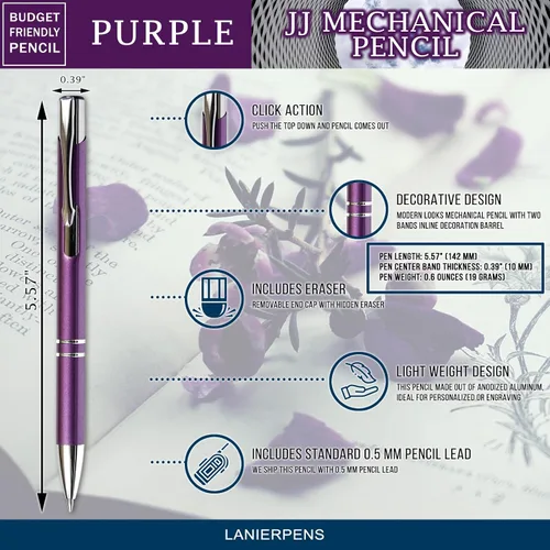 Vista 3 de Hermoso lápiz mecánico JJ morado económico, repuesto de plomo estándar de 0.028 in, nombre grabado gratuito en lápiz, promociona tu negocio