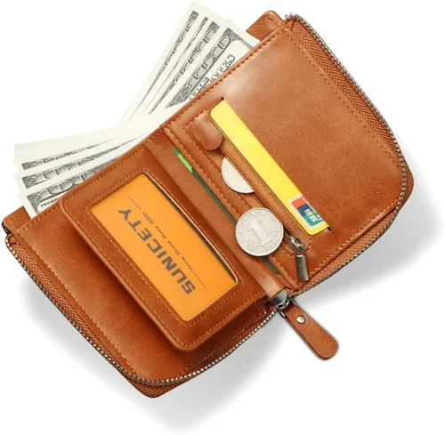 Vista 4 de Cartera de cuero a la moda corta con cremallera RFID función multitarjeta, cartera RFID para hombres, Marrón