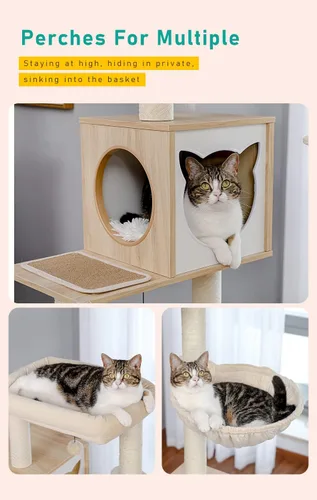 Vista 4 de PETEPELA Árbol para gatos de 56.7 pulgadas con caja de arena, torre grande de madera para gatos de interior con armario de almacenamiento y acogedor