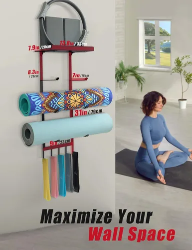 Vista 3 de Soporte de pared para esterilla de yoga, estante de almacenamiento de gimnasio en casa con estante flotante superior, 4 niveles para tapete de yoga