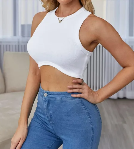 Vista 3 de Abardsion - Camiseta corta sin mangas con cuello redondo y espalda cruzada, de punto acanalado, para mujer