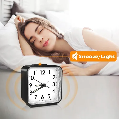 Vista 2 de Reloj despertador analógico, reloj de noche alimentado por batería, reloj de viaje silencioso sin tictac con luz nocturna, repetición, fácil