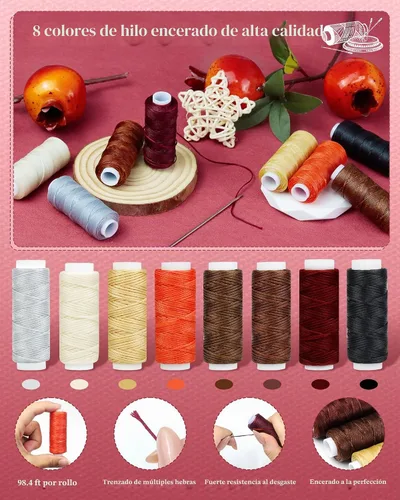 Vista 3 de PLANTIONAL Kit de costura de cuero de hilo encerado de 8 colores, kit de reparación de tapicería de 47 piezas con hilo encerado, punzón de costura
